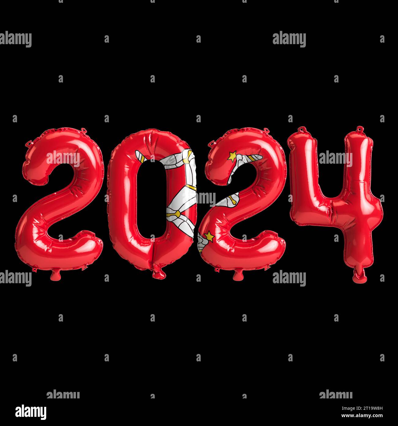 3d illustration of letter about new year 2024 with balloons on color Isle of Mann flag Stock Photo