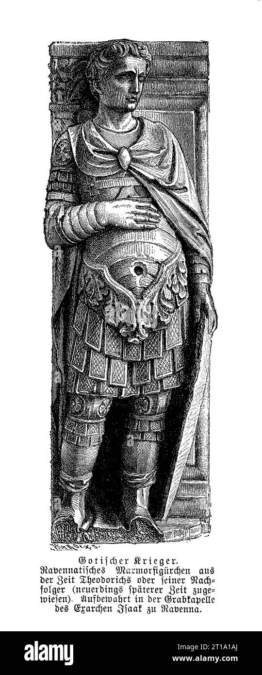 Goth warrior, marble figurine of the Theodoric the Great era (6th century) preserved in Ravenna at the funerary chapel of Isaac the Armenian exarch of Ravenna in the 7th century Stock Photo