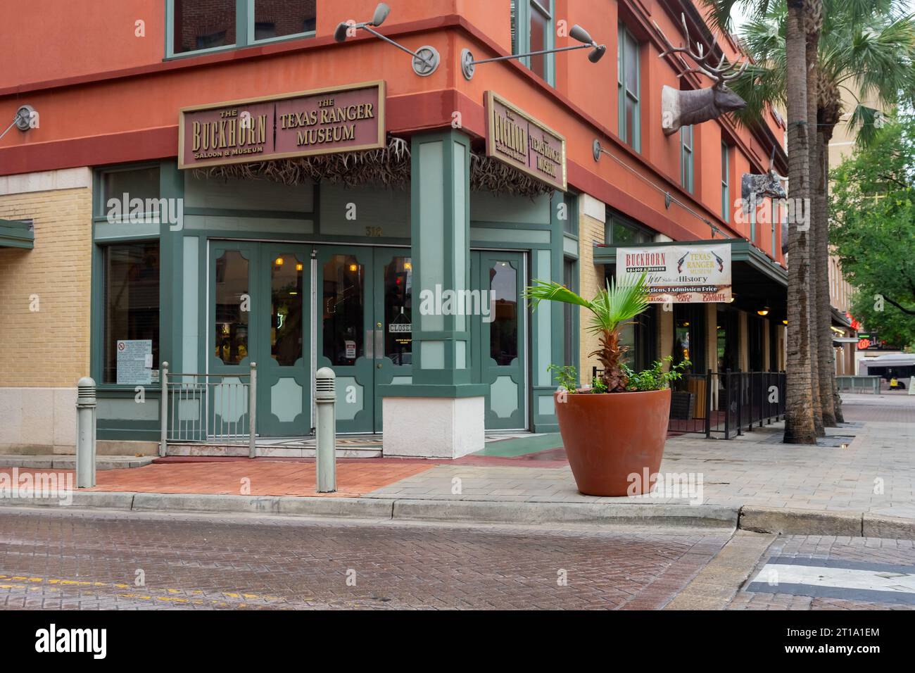 San Antonio, Texas, USA – May 9, 2023: Street view of the Buckhorn Saloon and Museum and The Texas Ranger Museum located in downtown San Antonio, Texa Stock Photo