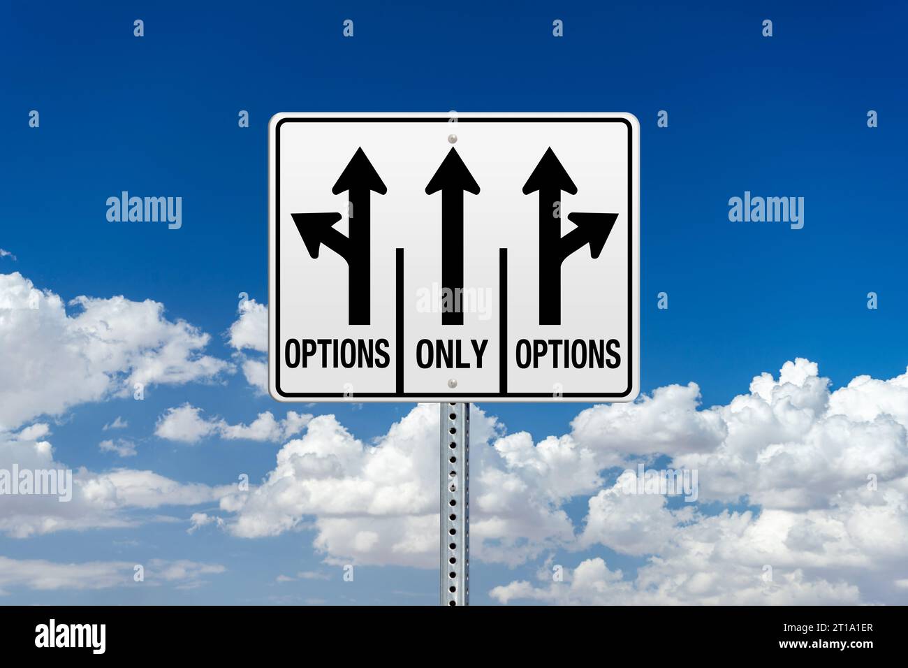 Decision theme road sign with arrows with blue sky with clouds background Stock Photo