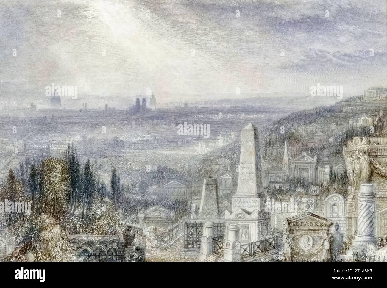 'View of Paris from Père-Lachaise Cemetery' 1885 hand-coloured engraving by British artist William Miller (1796-1882) based on an 1833 watercolour by fellow British artist J. M. W. Turner (1775-1851), showing a panoramic vista over the city of Paris as seen from the famous cemetery, with architectural landmarks and atmospheric light effects. Stock Photo