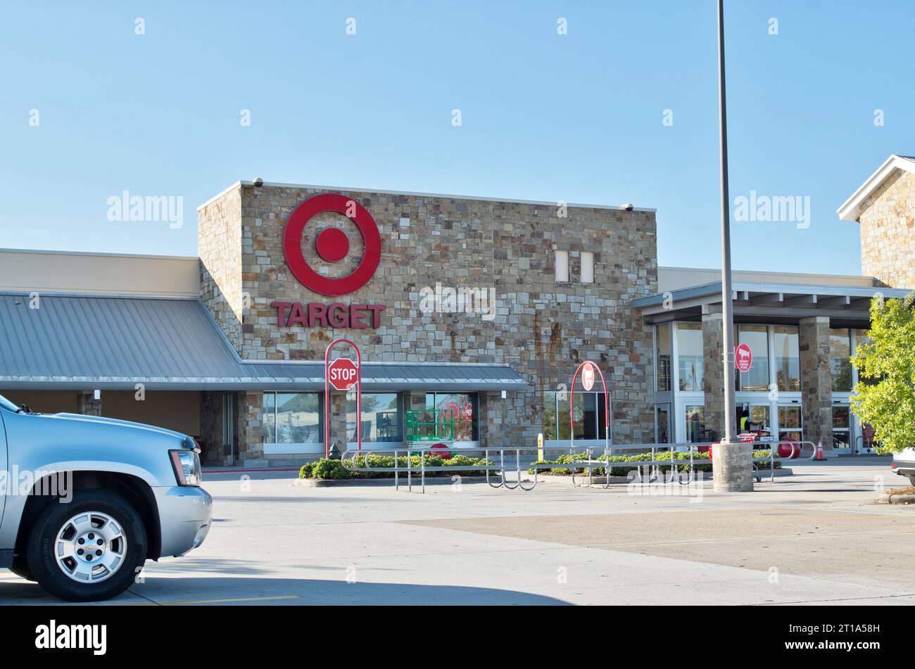 Houston, Texas USA 09-24-2023: Target shopping center storefront exterior and parking lot in Houston, TX. Large American retail chain founded in 1902. Stock Photo