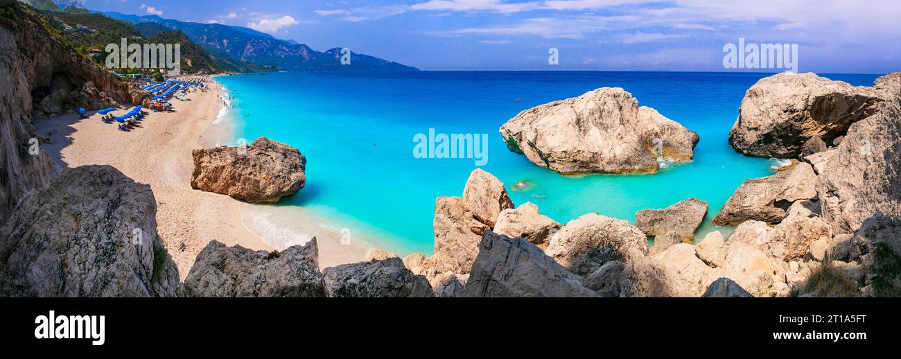 Greece best beaches of Ionian islands. Lefkada - scenic long beach Kathisma with tropical turquoise sea and white san Stock Photo