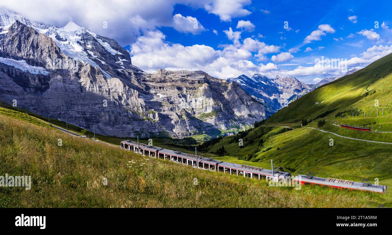 Idyllic swiss landscape scenery. Green pastures, snowy peaks of Alps mountains and railway road with passing train. Kleine Scheidegg station, Switzerl Stock Photo