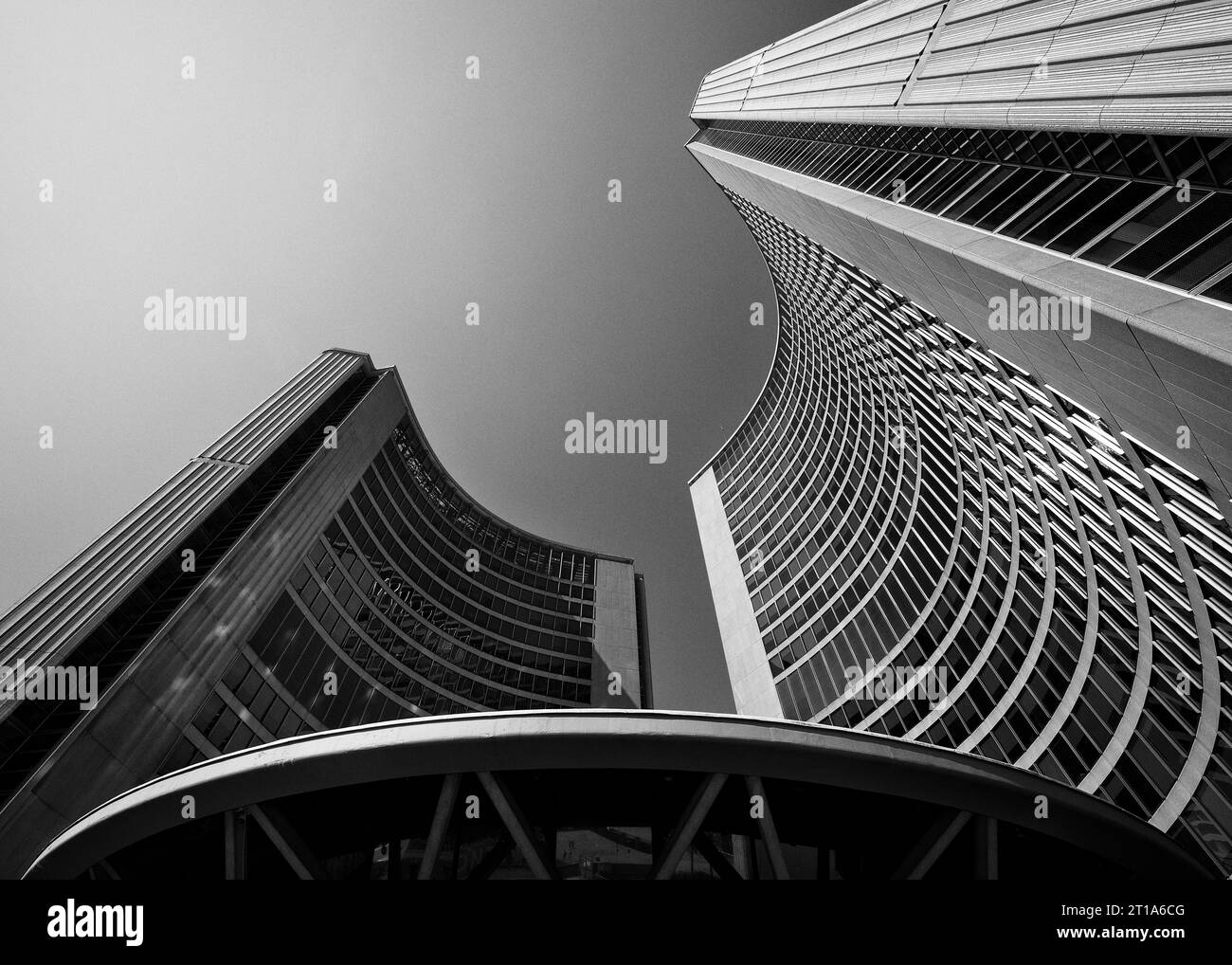 Looking up at the newer Toronto City Hall in black in white in Toronto, Ontario in Canada Stock Photo