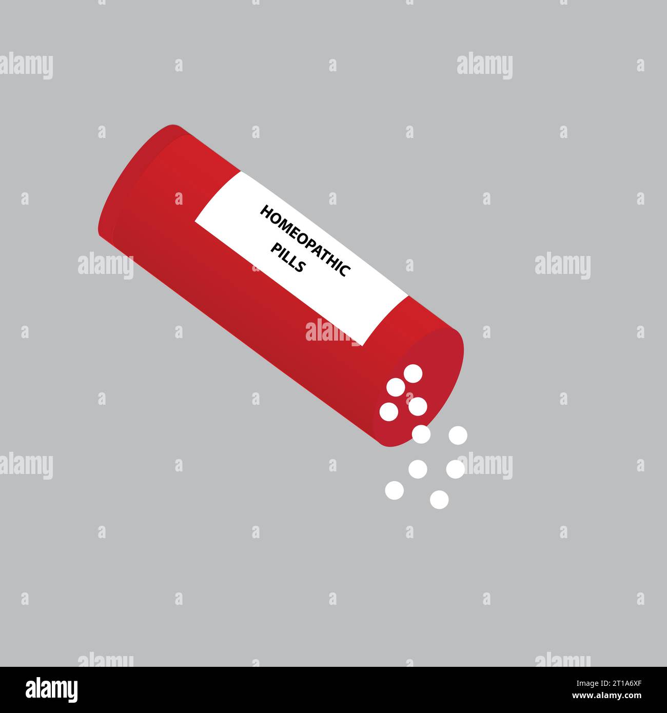 Red plastic container with homeopathic white globules scattered out Stock Vector