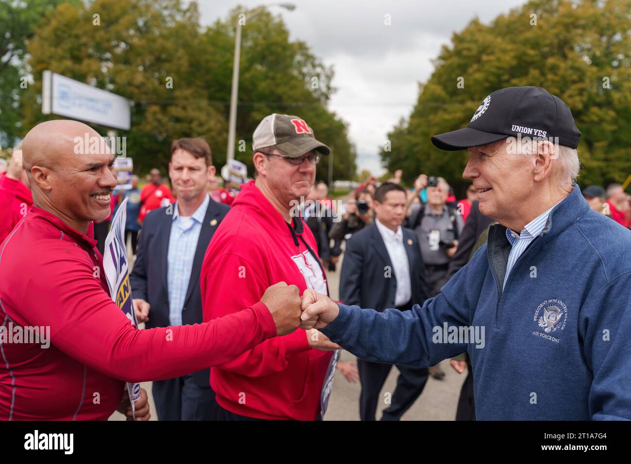 President Joe Biden walks along the UAW picket line and engages with union members at the GM Willow Run Distribution Center, Tuesday, September 26, 2023, in Belleville, Michigan. (Official White House Photo by Adam Schultz) Stock Photo