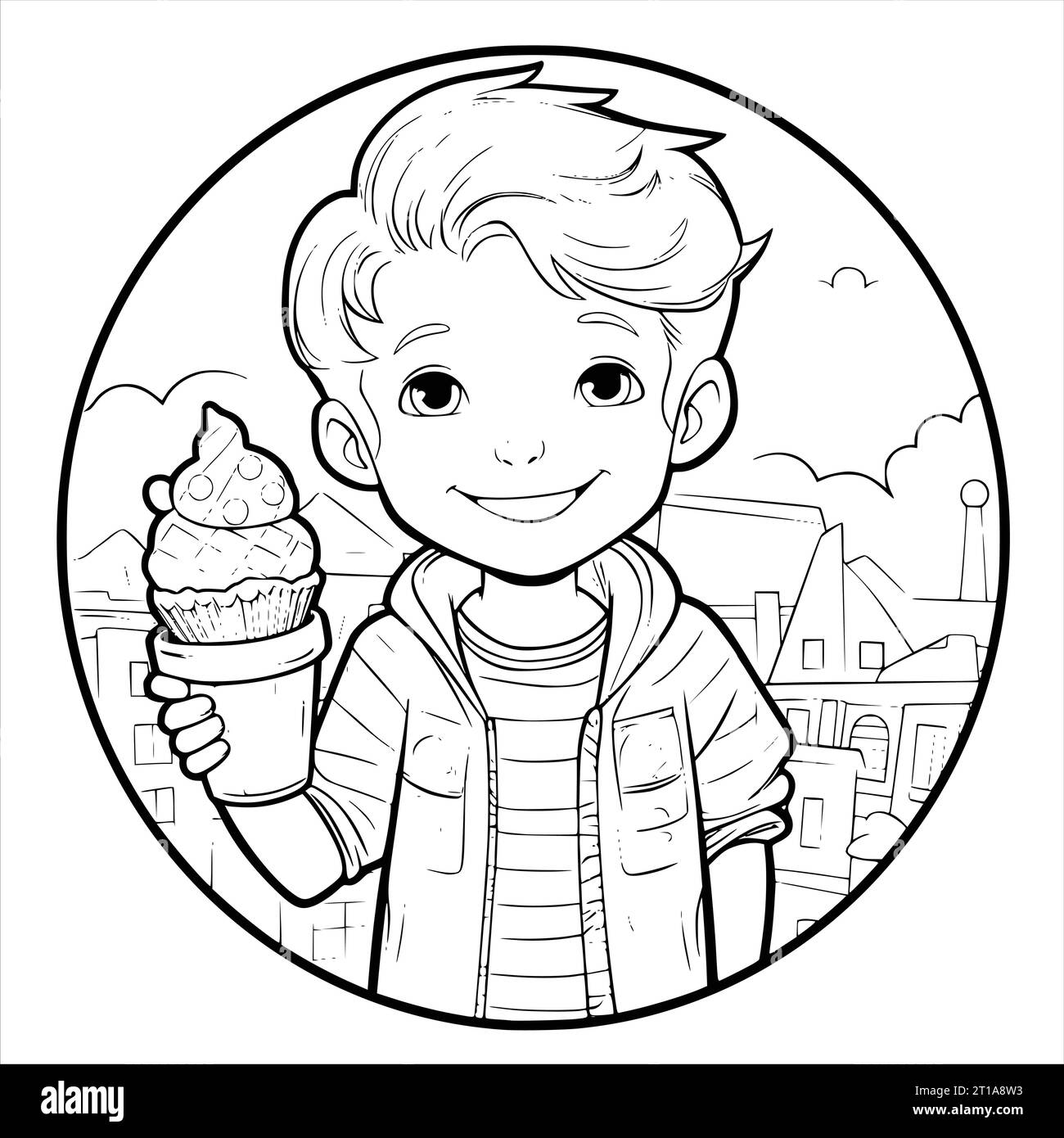 Boy Holding Ice Cream Coloring Page For Kids Stock Vector