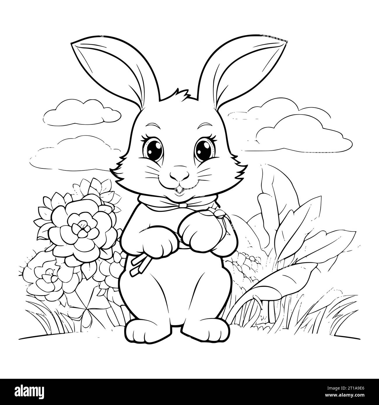 Bunny With A Ripe Tasty Carrot Coloring Page For Kids Stock Vector