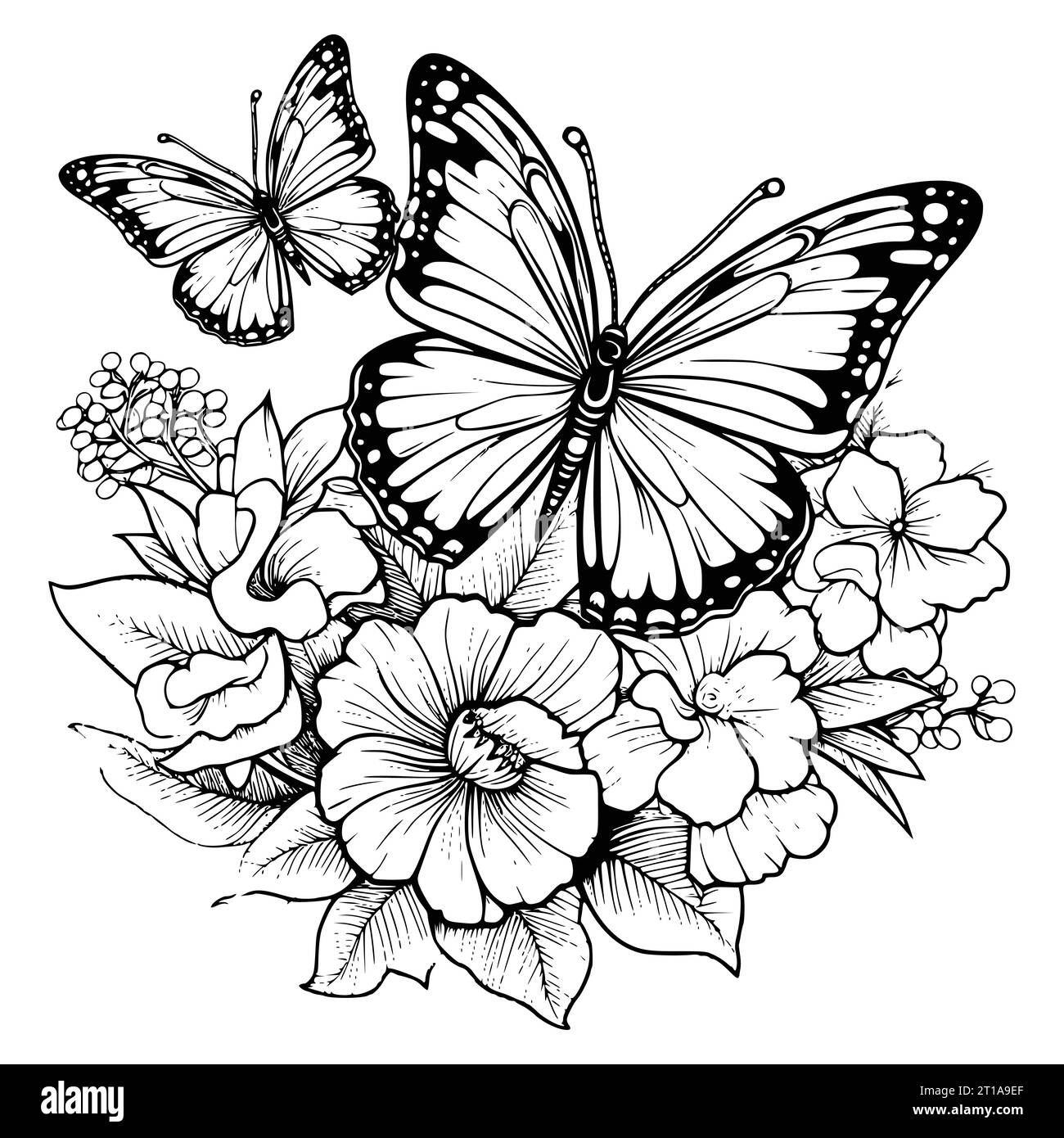 Butterflies With Flowers Coloring Page Drawing for Kids Stock Vector