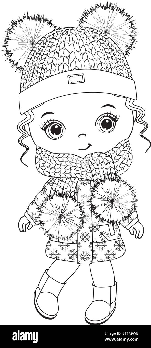 Vector Black and White Cute Little Girl in Winter Outfit for Colouring ...
