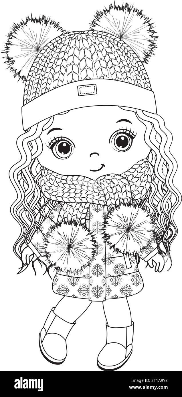 Vector Black and White Image of Little Girl in Winter Outfit for Colouring Stock Vector