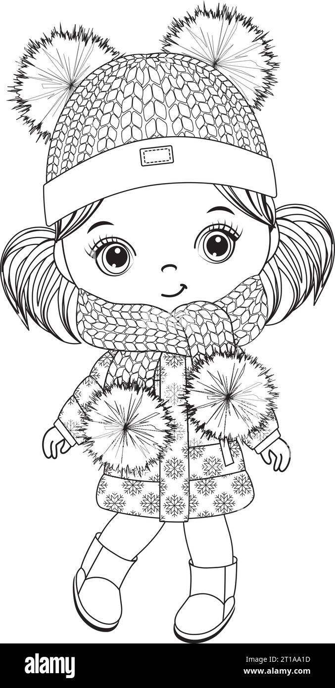 Vector Black and White Cute Little Girl in Winter Outfit for Colouring