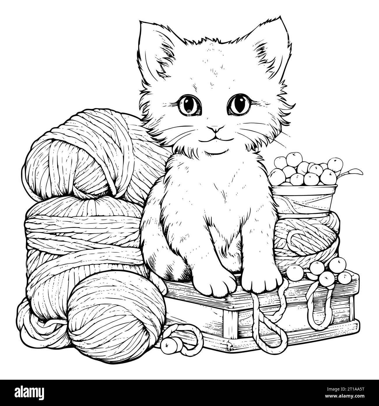 Cat And Yarn Coloring Page For Kids  54545 Stock Vector