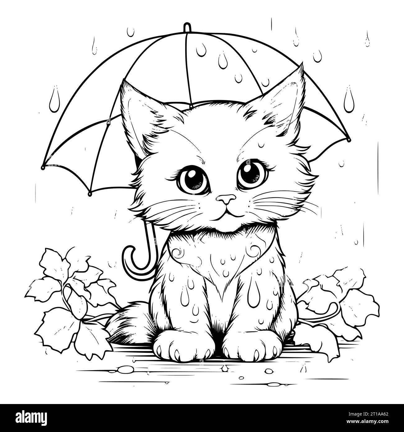 Cat In Rainy Day Coloring Page For Kids Stock Vector