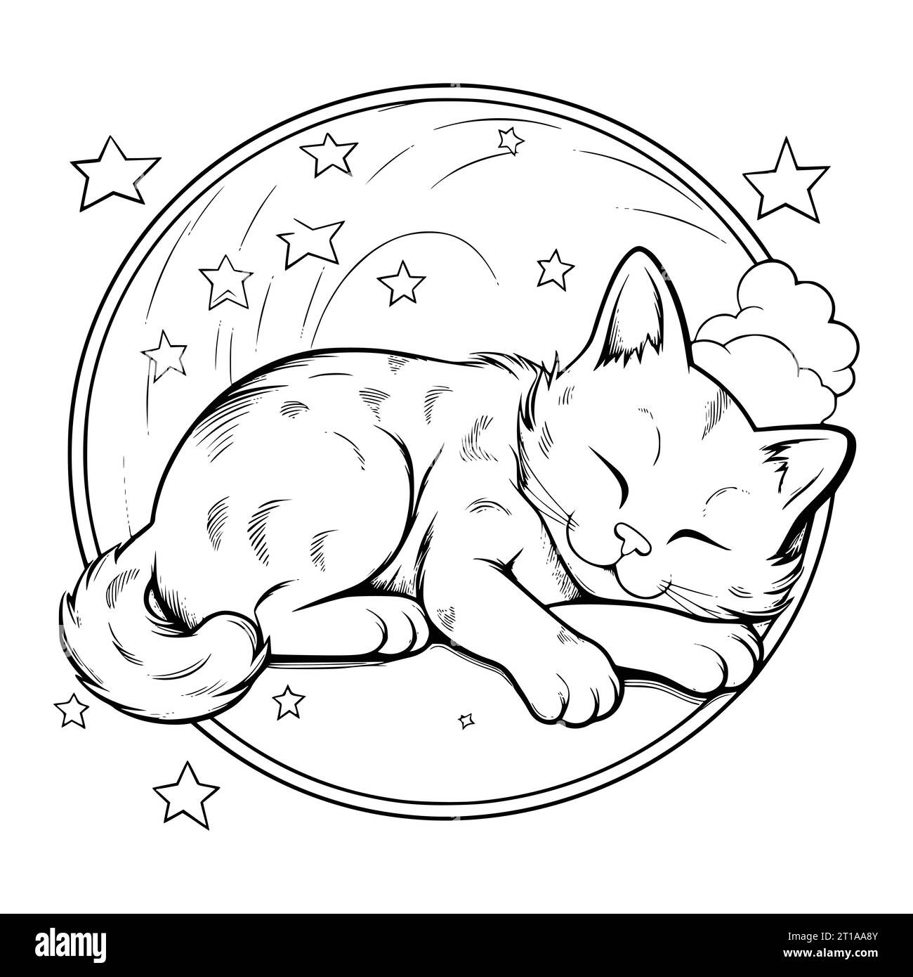 Cat Sleeping Coloring Page Drawing For Kids Stock Vector