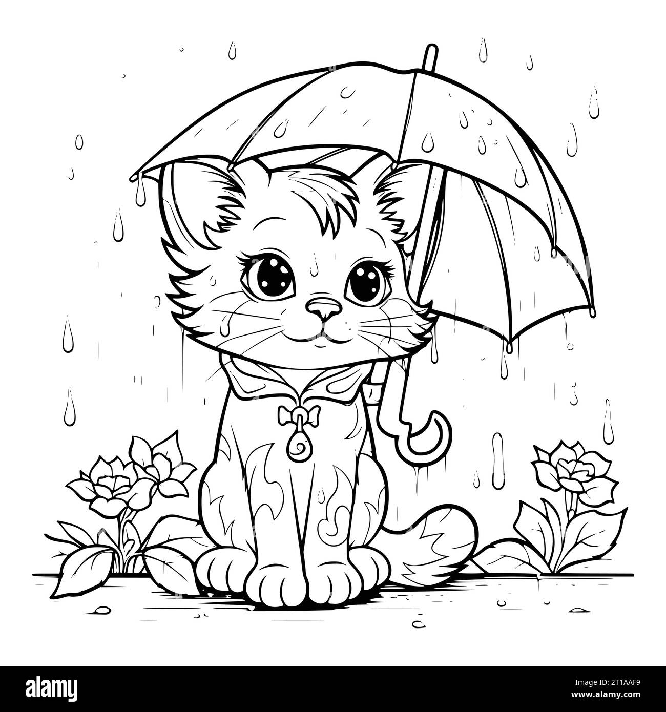 Cat In Rainy Day Coloring Page For Kids Stock Vector
