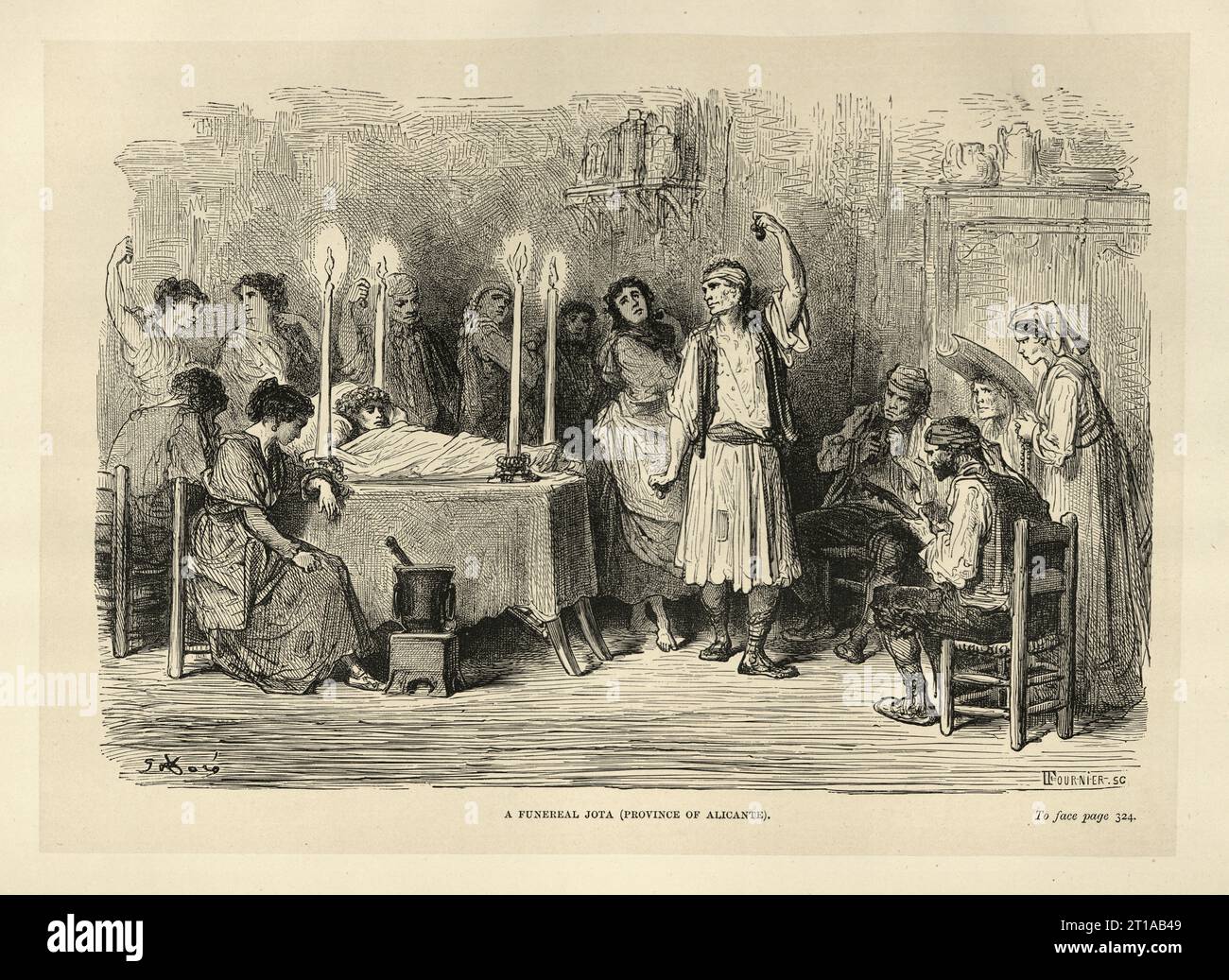 Vintage illustration by Gustave Dore, Traditional Spanish funeral wake