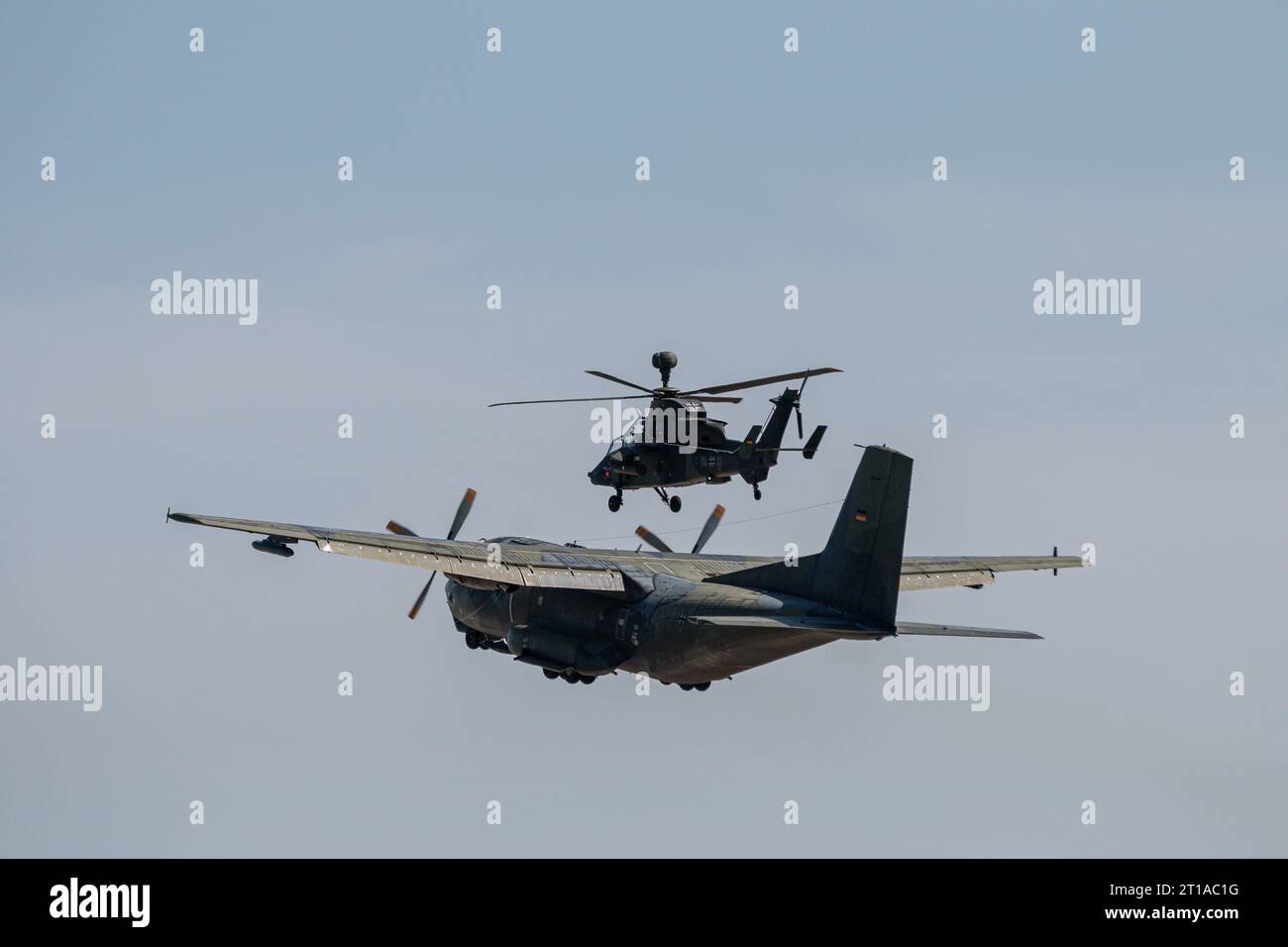 A Transall C-160 transport plane and a Eurocopter Tiger attack helicopter of the Bundeswehr, Berlin, Germany Stock Photo