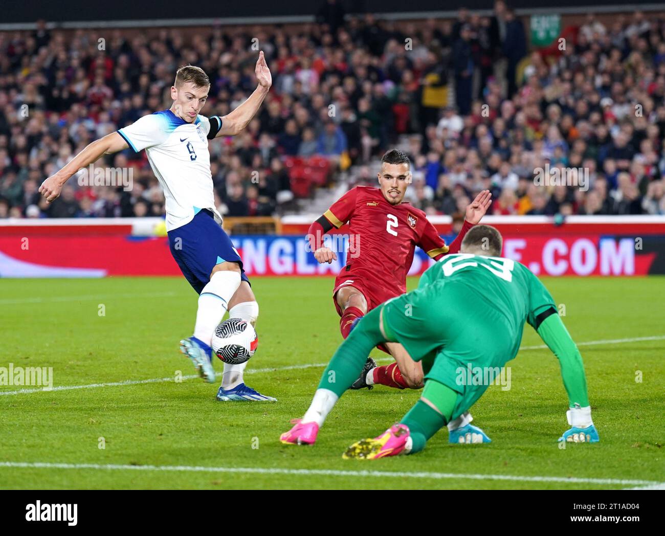 England's Liam Delap scores their side's second goal of the game during the UEFA Euro U21 Championship Qualifying Group F match at the City Ground, Nottingham. Picture date: Thursday October 12, 2023. Stock Photo