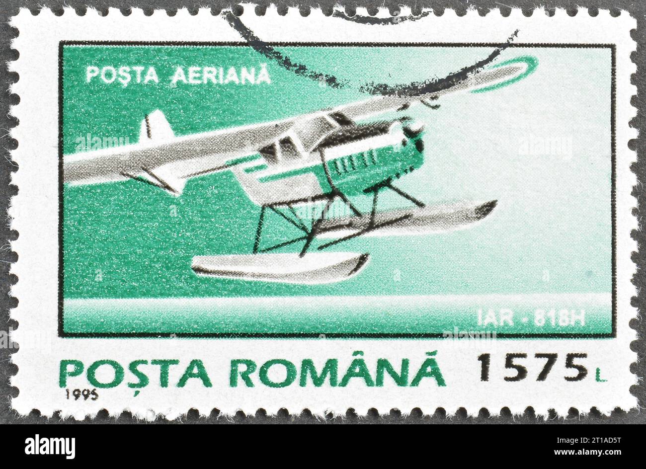 Cancelled postage stamp printed by Romania, that shows Seaplane IAR-818H, circa 1995. Stock Photo