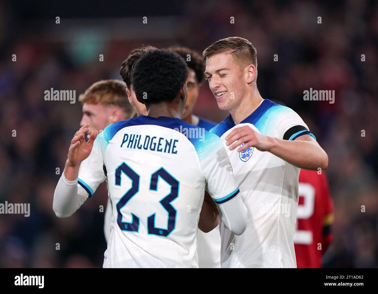 England's Liam Delap (right) celebrates scoring their side's second goal of the game with team-mate Jaden Philogene during the UEFA Euro U21 Championship Qualifying Group F match at the City Ground, Nottingham. Picture date: Thursday October 12, 2023. Stock Photo