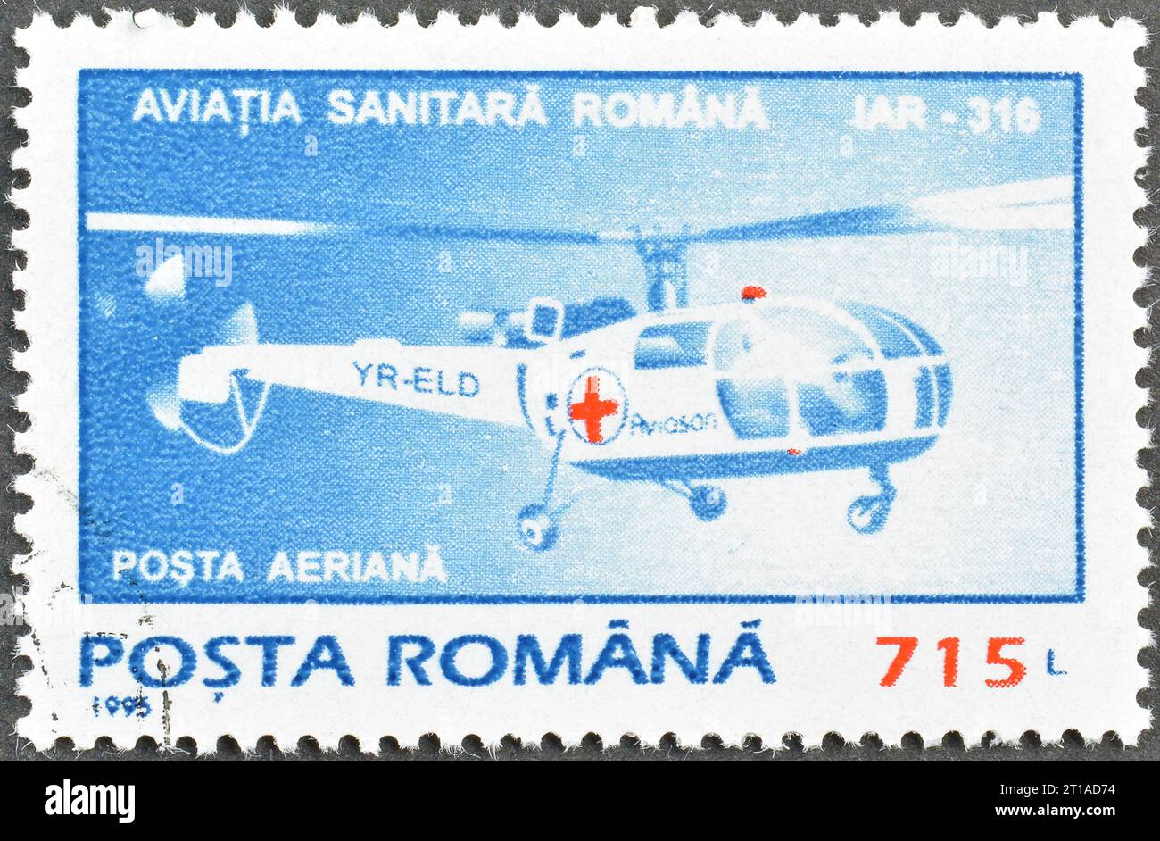 Cancelled postage stamp printed by Romania, that shows Emergency Helicopter IAR-316, circa 1995. Stock Photo