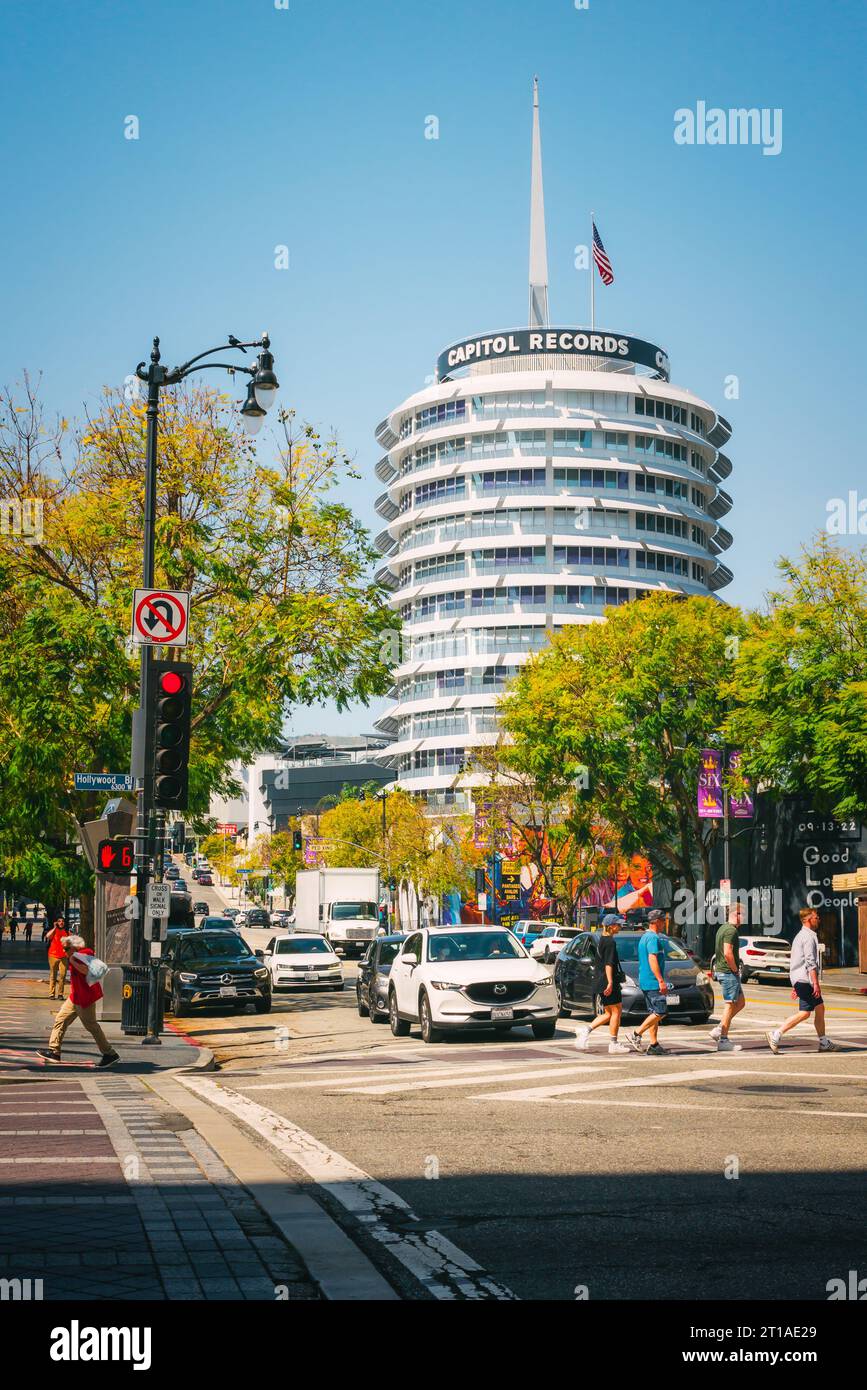 Los Angeles, California, USA - April 26, 2023. The Capitol Records Building, also known as the Capitol Records Tower, a 13-story tower building in Hol Stock Photo