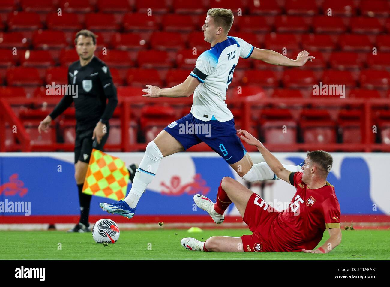 Stuart Delap Nottingham, UK. 12th Oct, 2023. England's Liam Delap hurdles the ...