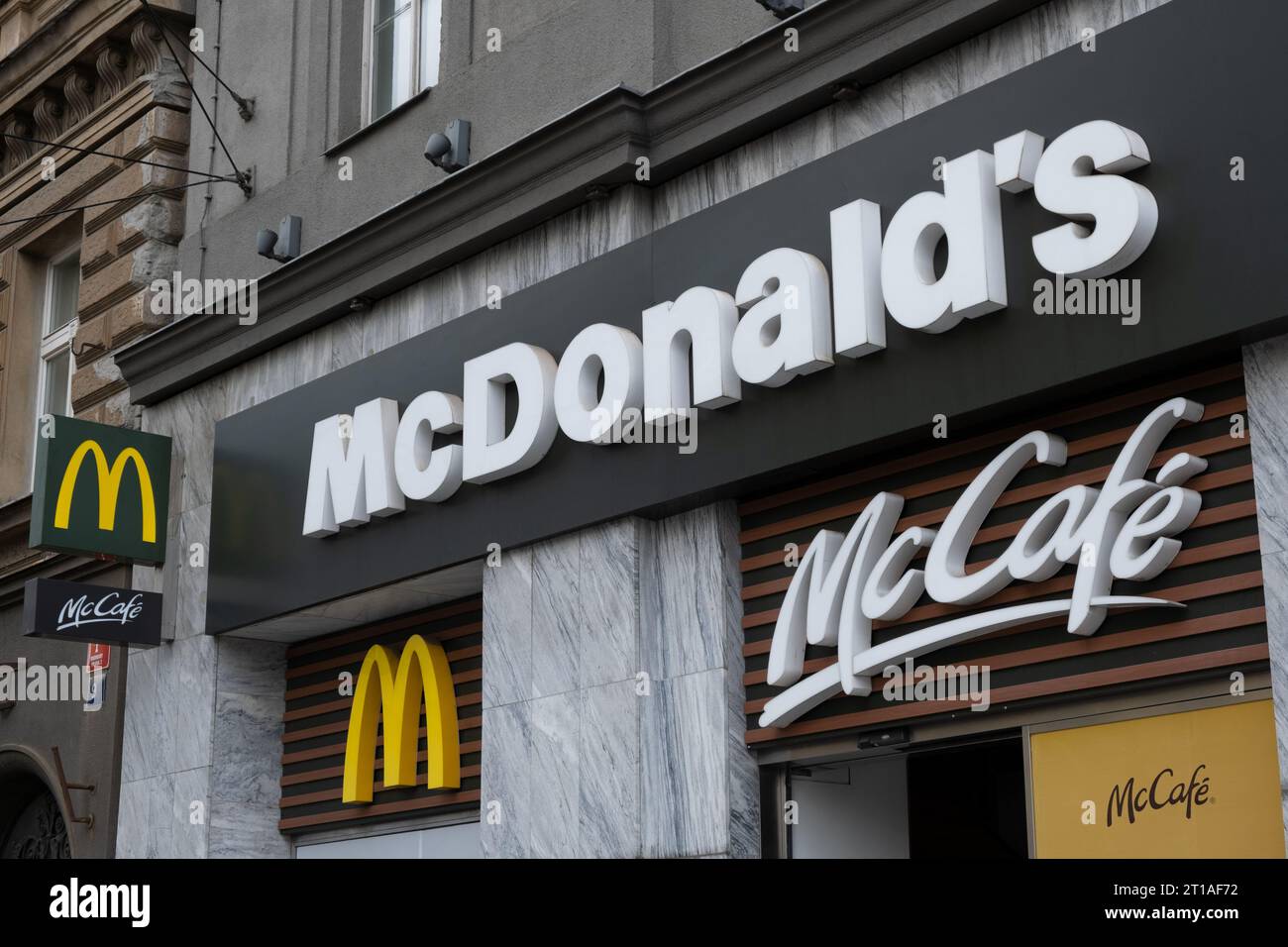 Prague,CZ 10 October 2023 McDonald's sign board on restaurant in a
