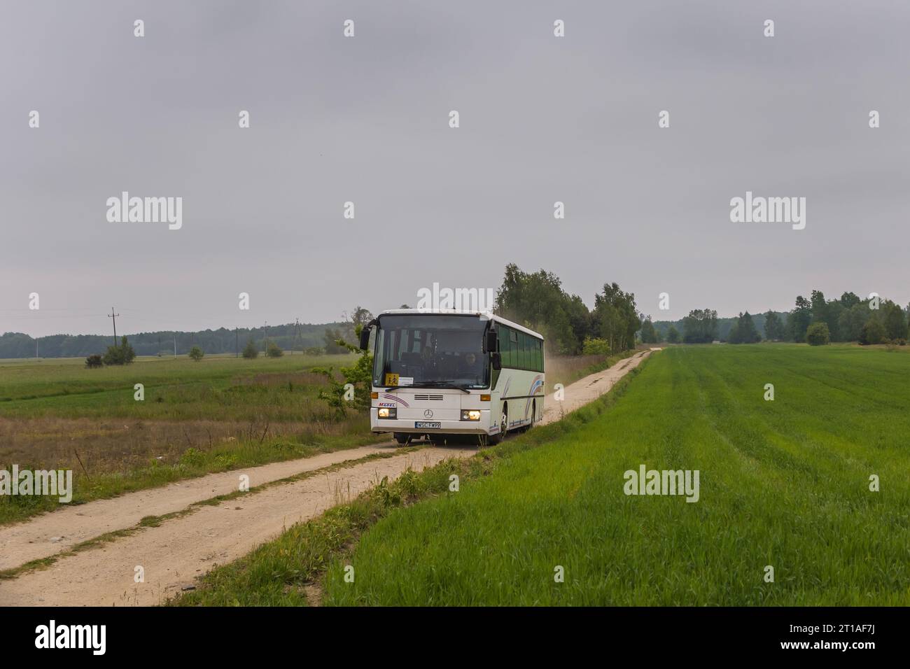 25.05.2023. Poland, Kamion Podgórny. Mercedes O408 as a schoolbus in Młodzieszyn municipality. Stock Photo