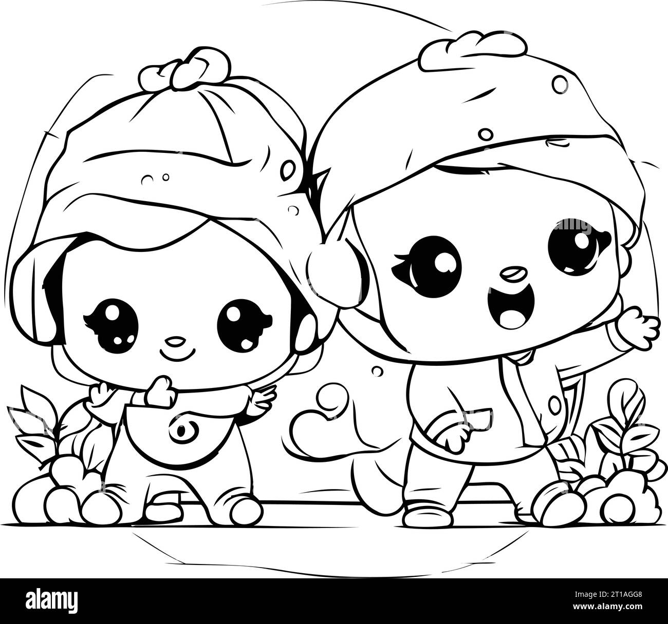 cute little boy and girl cartoon vector illustration graphic design in black and white Stock Vector