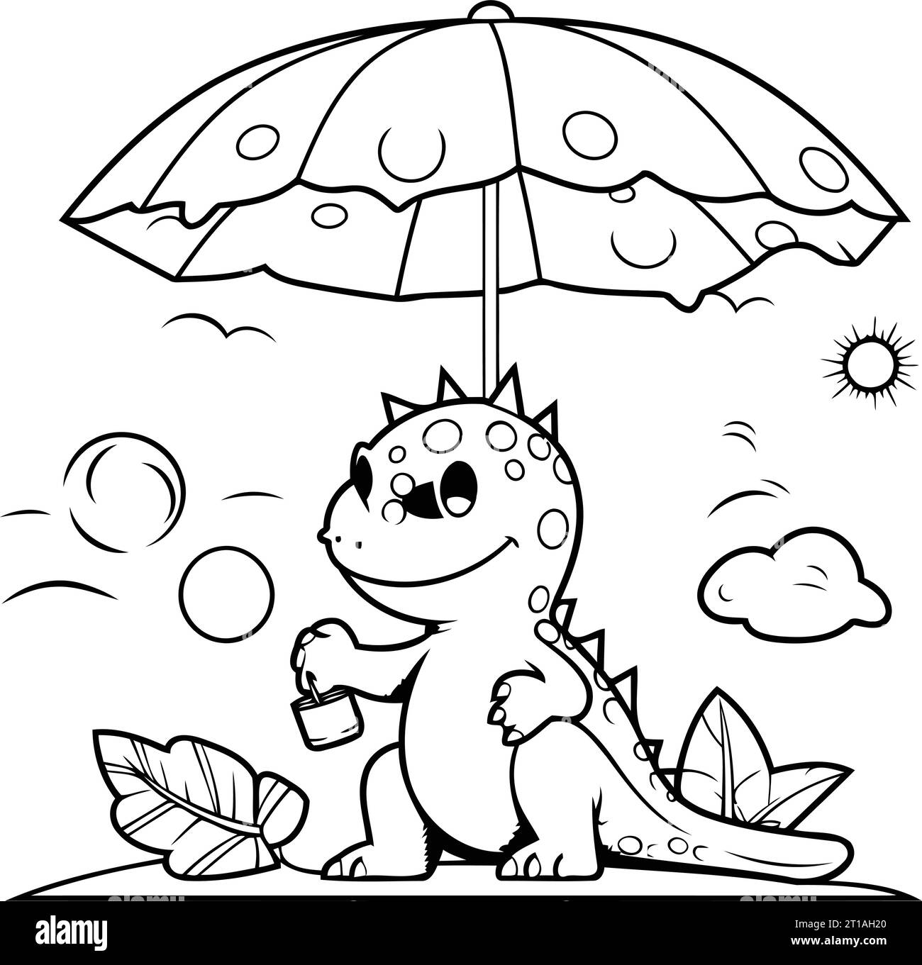 Coloring Page Outline Of Cute Dinosaur Cartoon Character With Umbrella ...