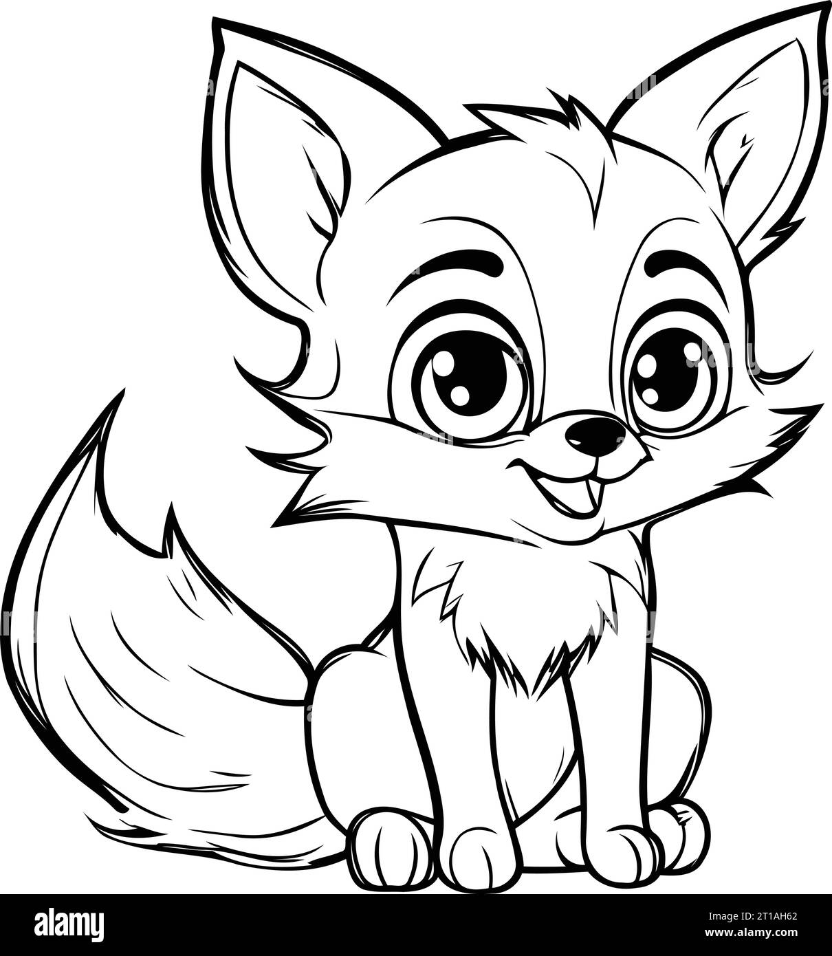 Cute Cartoon Fox Black and White Vector Illustration. Isolated On White