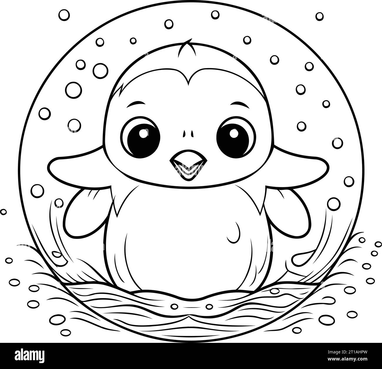 Cute baby penguin in the nest. Coloring book for children Stock Vector