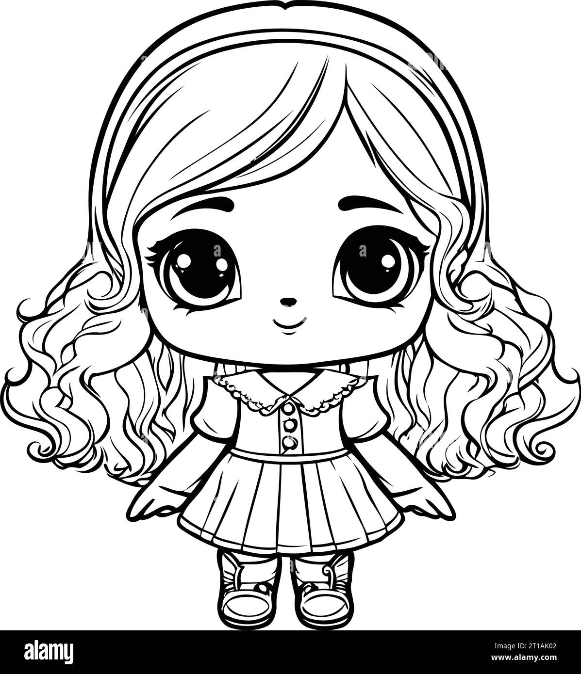 Cute little girl with long curly hair. Vector illustration for coloring ...