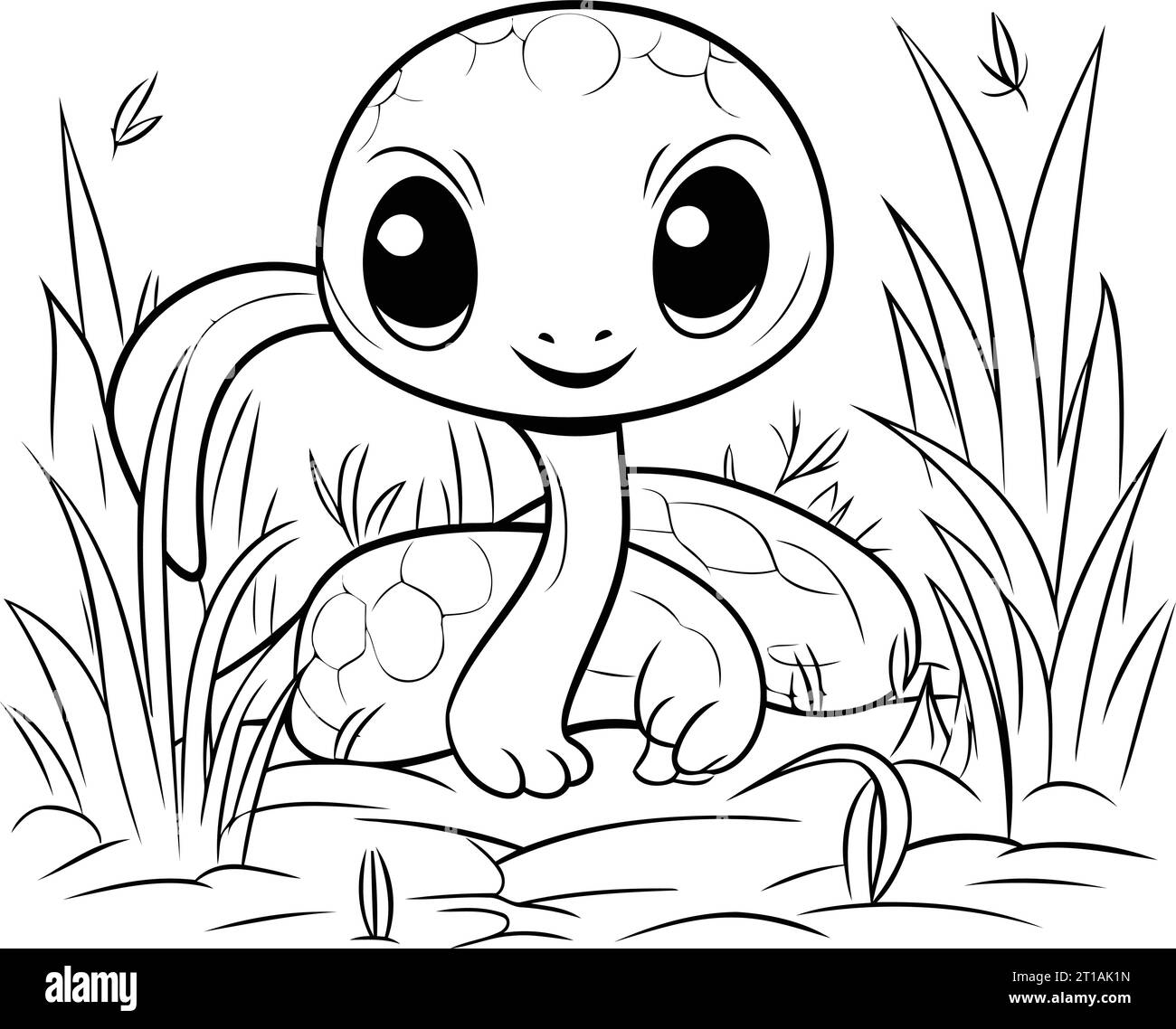 Cute little turtle in the grass. Black and white vector illustration