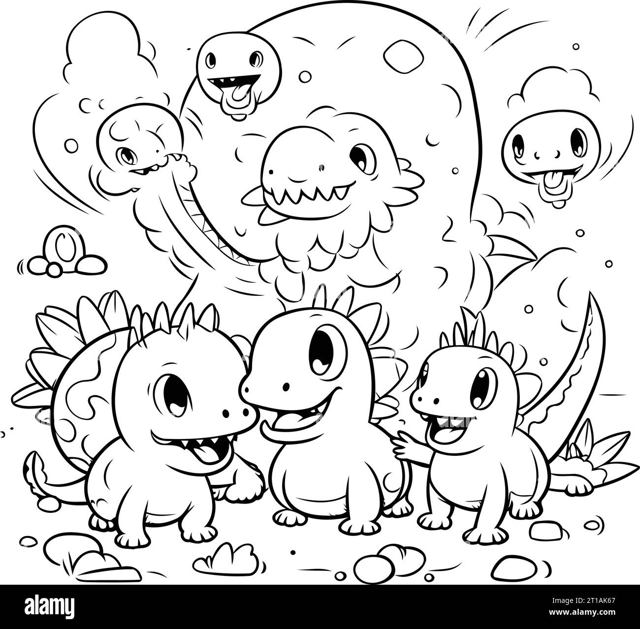 Black and White Cartoon Illustration of Funny Dinosaur Animal Characters Group Coloring Book Stock Vector