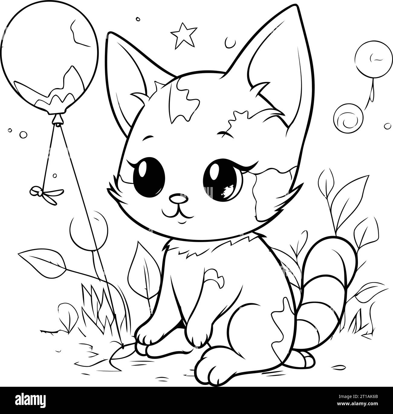 Coloring book for children. Cute cat with balloons in the garden Stock ...