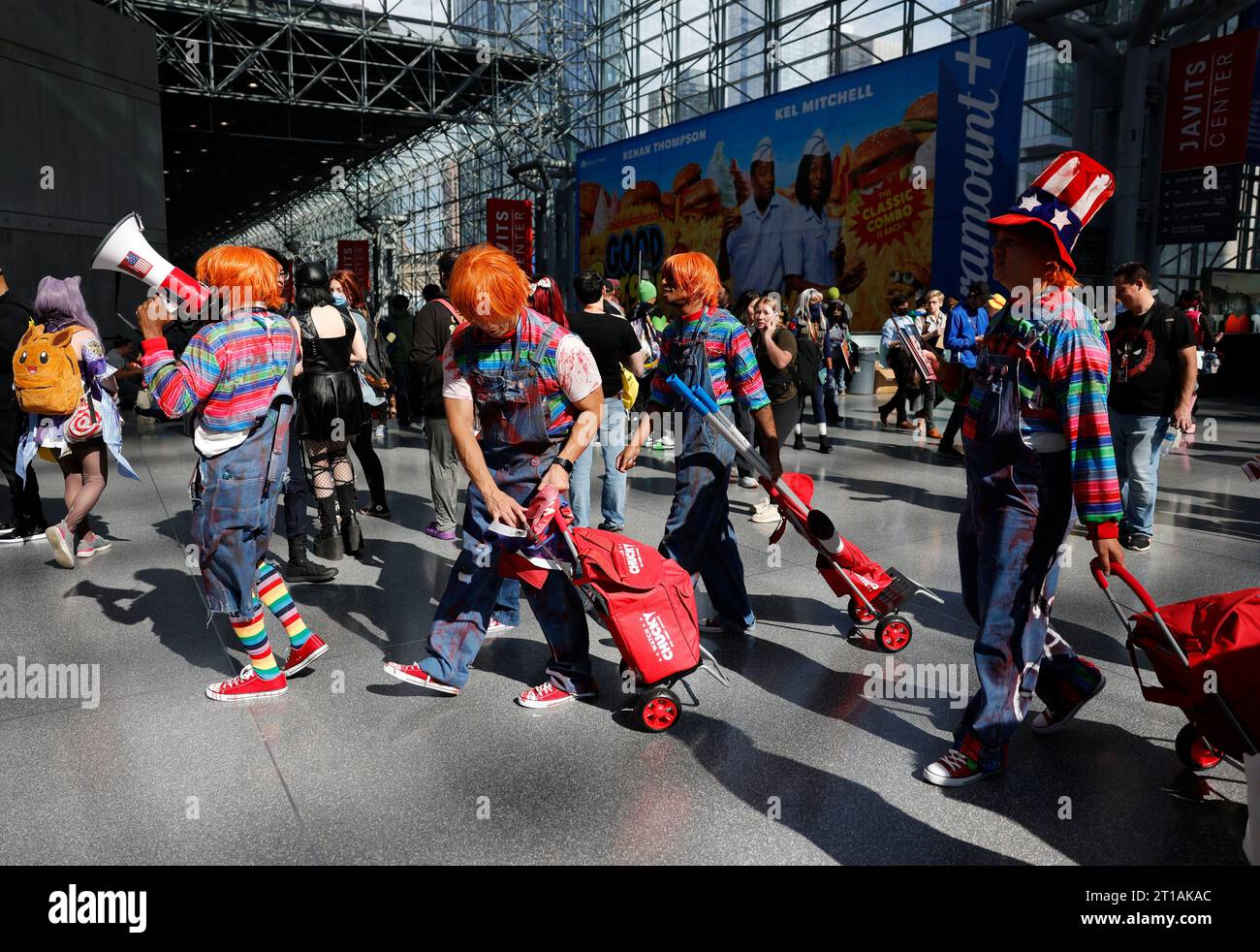 New York, United States. 12th Oct, 2023. Cosplayers attend New York Comic Con at the Jacob K. Javits Center on Thursday, October 12, 2023 in New York City. The New York Comic Con is an annual New York City fan convention dedicated to comics, graphic novels, anime, manga, video games, toys, movies, and television. It was first held in 2006. Photo by John Angelillo/UPI Credit: UPI/Alamy Live News Stock Photo