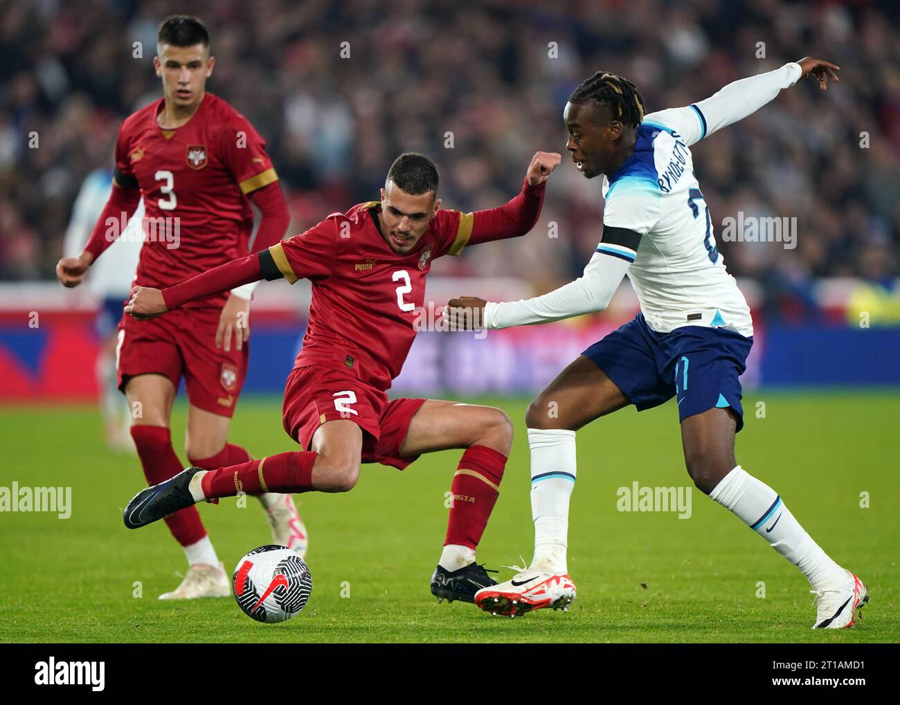 Serbia's Viktor Rogan (left) and England's Noni Madueke battle for the ...