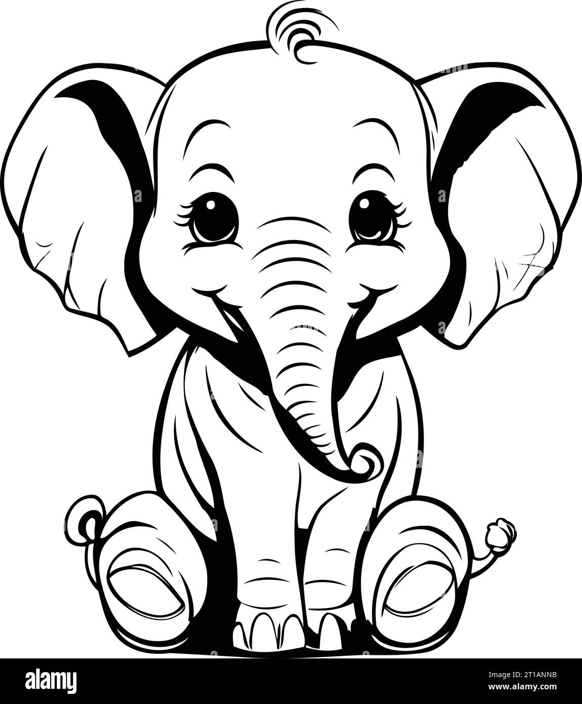 Cute Cartoon Elephant Black and White Cartoon Illustration. Vector