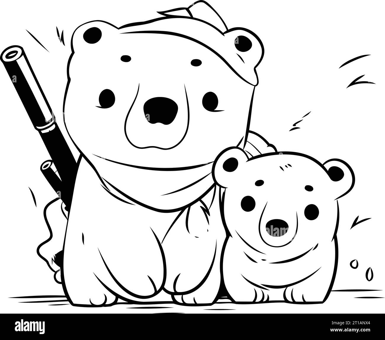 Black and White Cartoon Illustration of Couple of Polar Bears with a Cigar Stock Vector