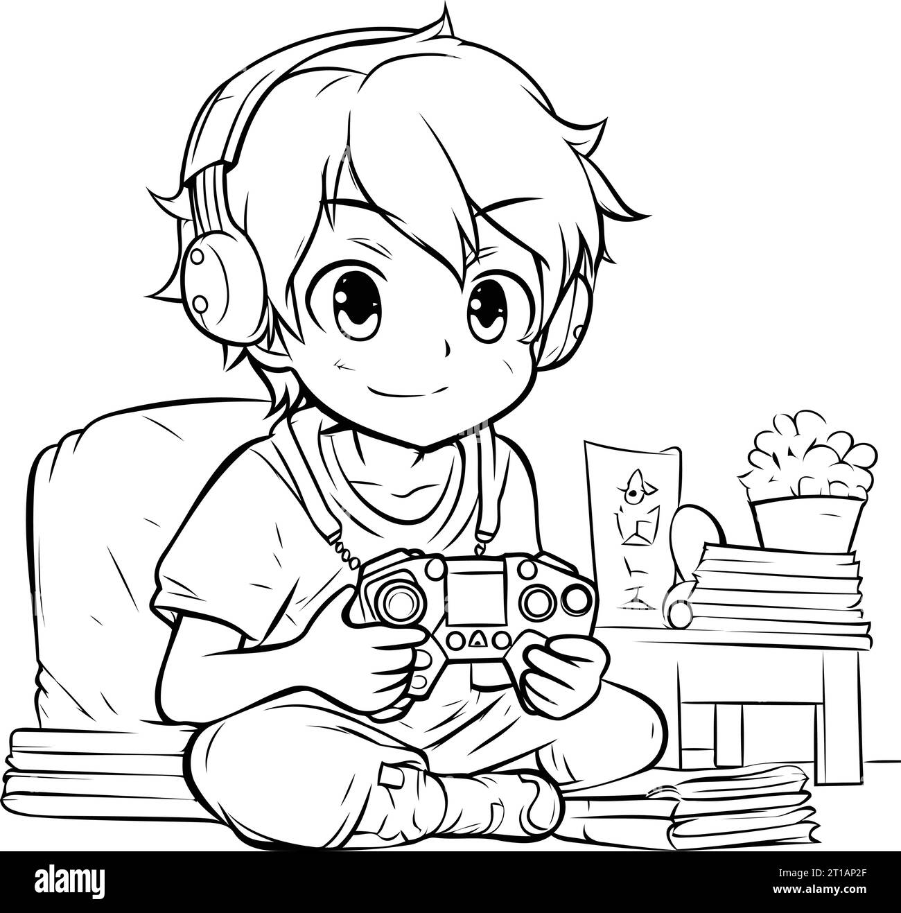 Cute little boy playing video games. Black and white vector