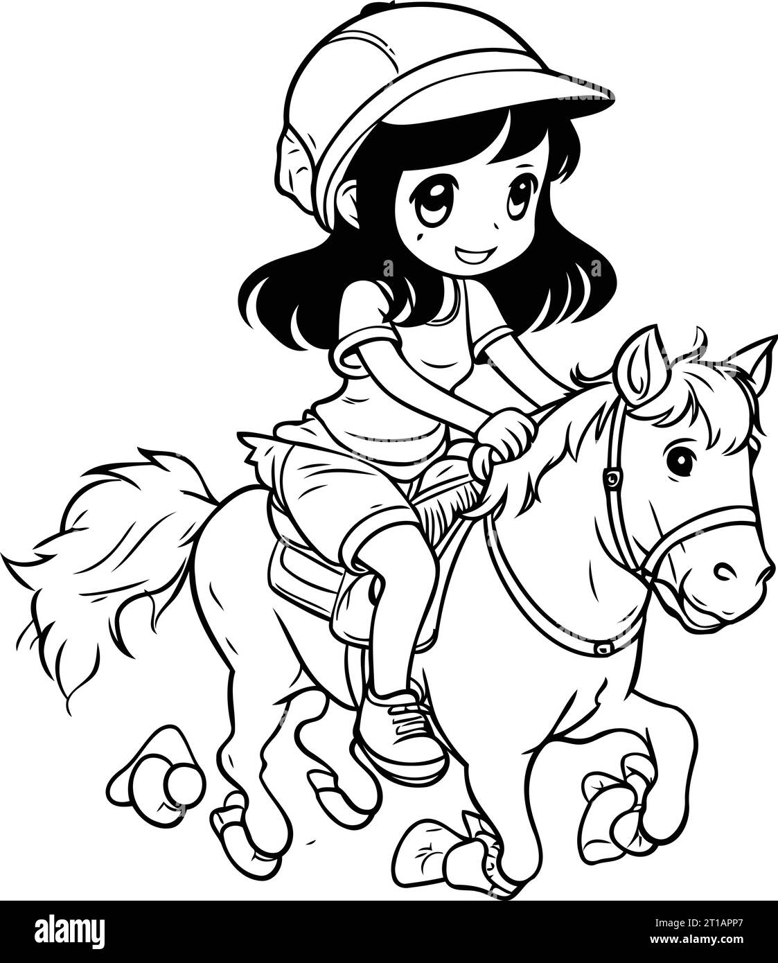 cute little girl riding a horse. black and white vector illustration