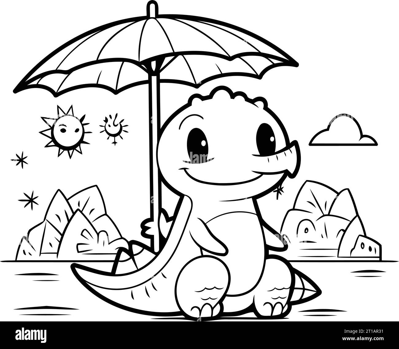 cute dinosaur with umbrella in the sea. black and white vector ...