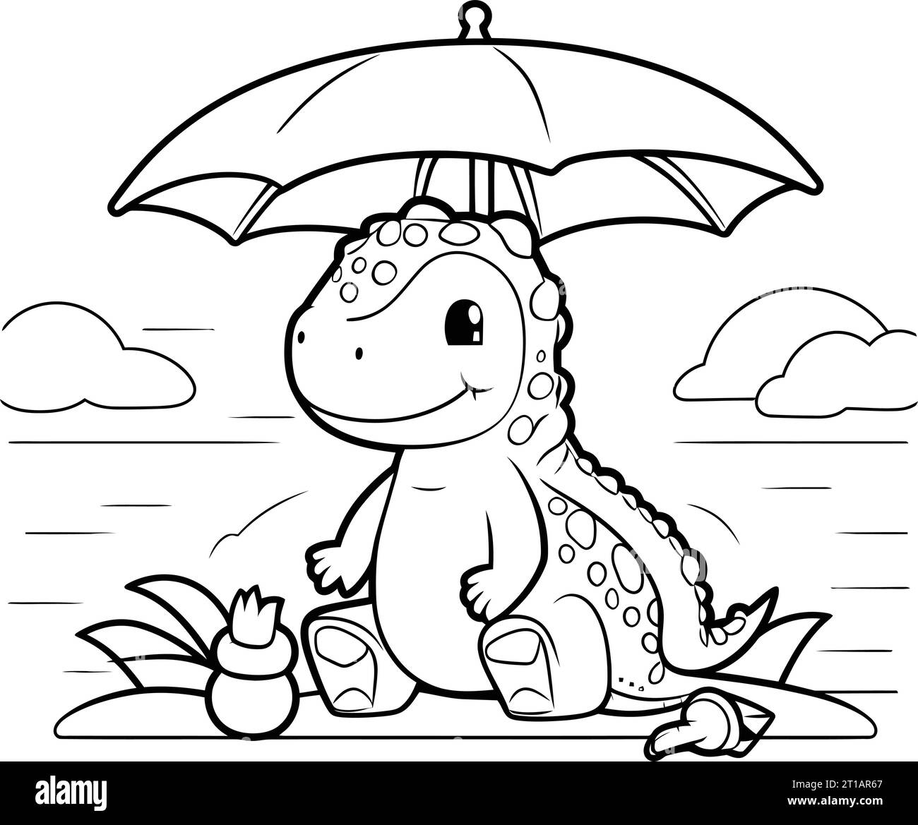 Coloring Page Outline Of cartoon dinosaur with umbrella. Vector ...