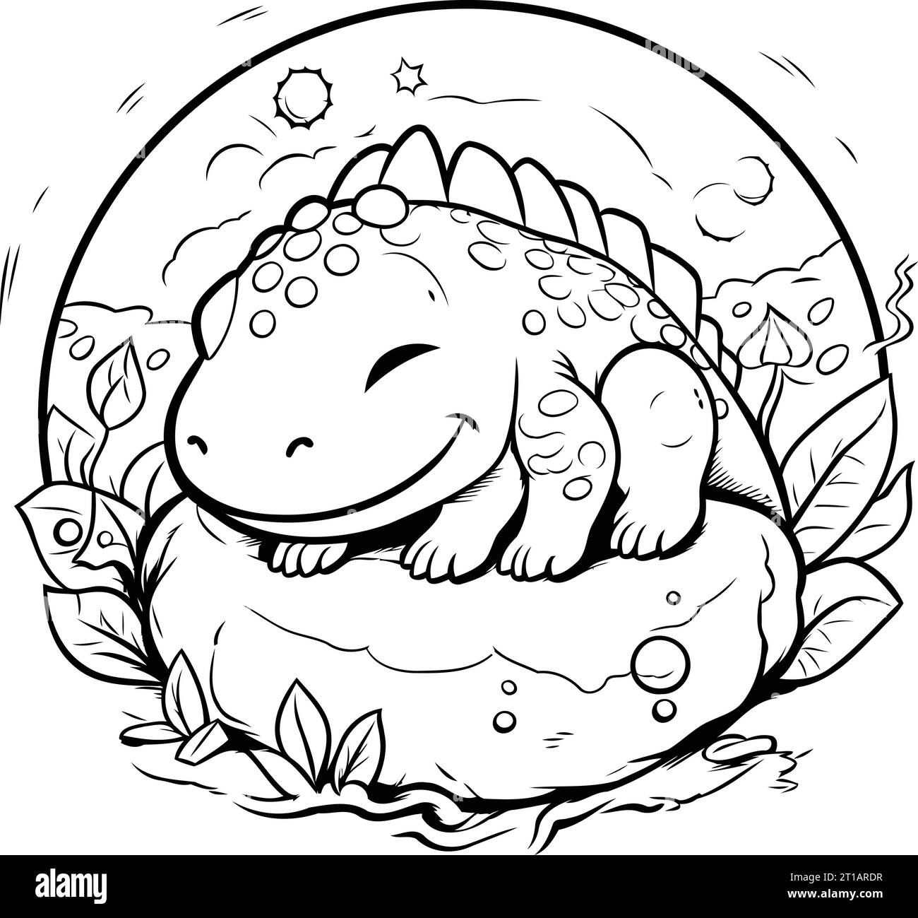 Cute Cartoon Dinosaur On The Rock Vector Illustration For Coloring Book Stock Vector Image 1445