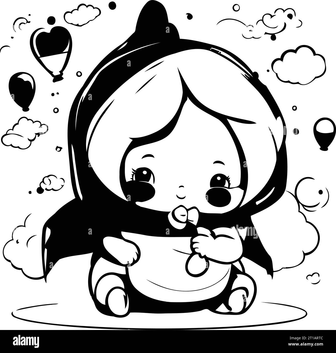 Black and White Cartoon Illustration of Cute Little Baby Boy or Girl Wearing Hoodie and Flying Balloons for Coloring Book Stock Vector