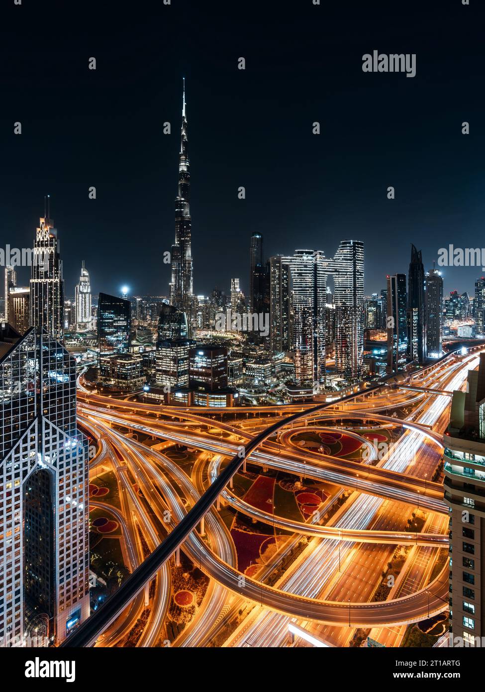 Dubai skyline with Burj Khalifa and Sheikh Zayed Road interchange, United Arab Emirates (UAE). Stock Photo
